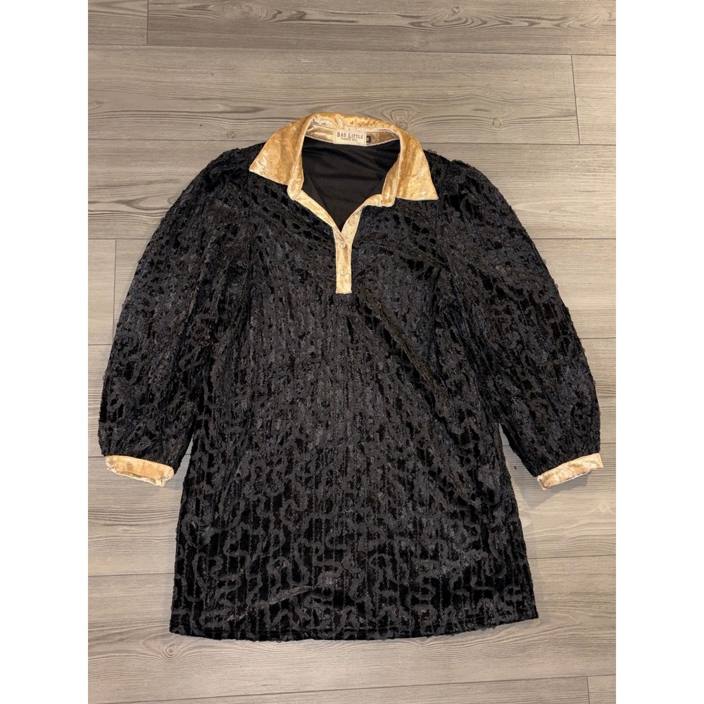 Bad Little Country Girl Tina Black Burnout Velvet Mini Dress Gold Trim - Medium